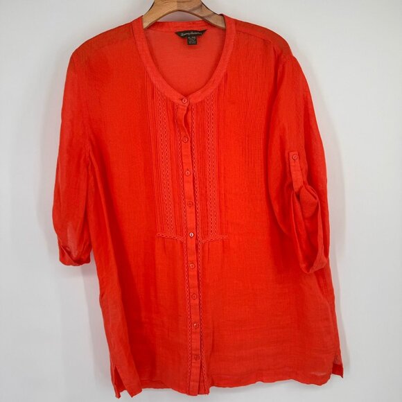 Tommy Bahama Womens orange Linen Button-Up Blouse size XL 3/4 roll tab sleeve - Picture 5 of 13